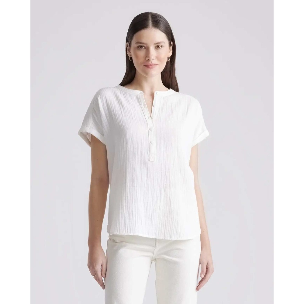 Quince Organic Cotton Gauze Roll Sleeve Top White Henley Blouse XS NWT
